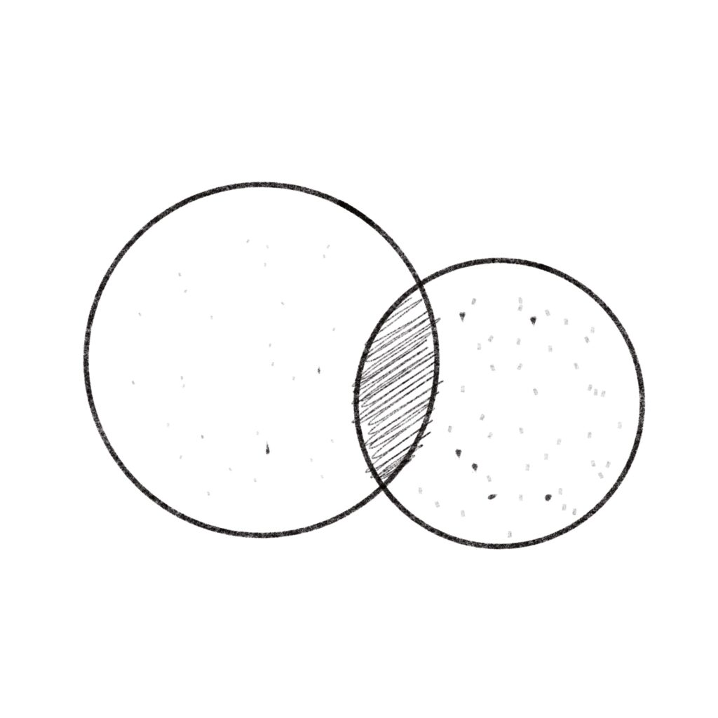 du siehst zwei kreise, die sich in der mitte überschneiden und so die gemeinschaftkeit von bedürfnissen symbolisieren.