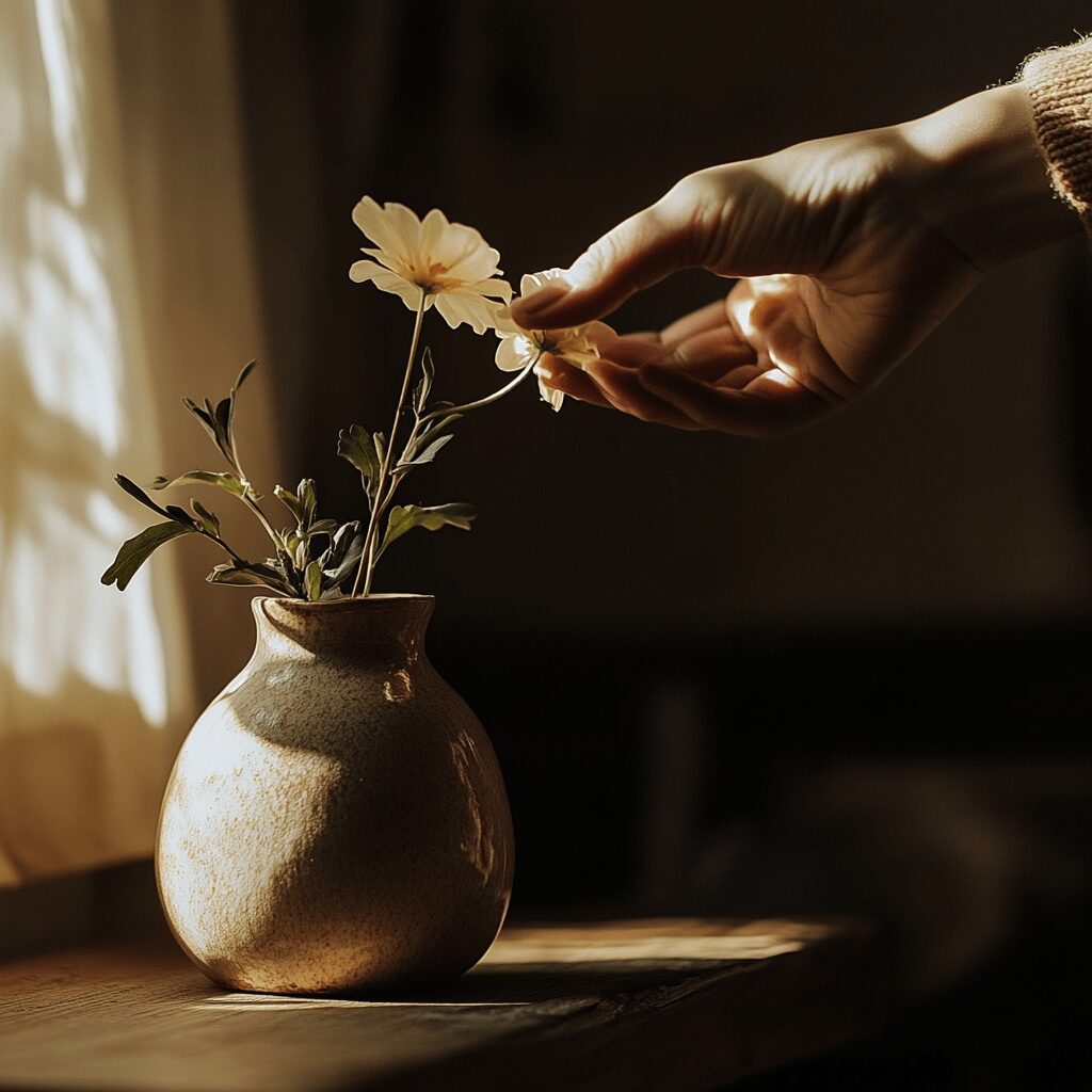 Hand arrangiert behutsam Blume in Keramik