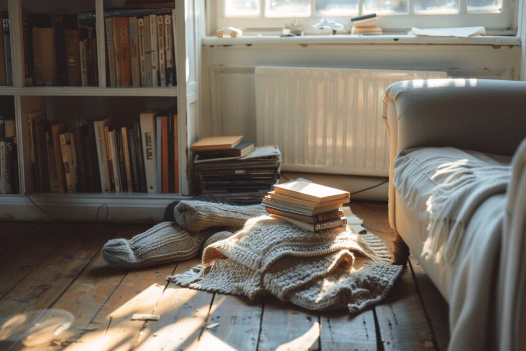 Fußboden mit Bücherstapel und Decken